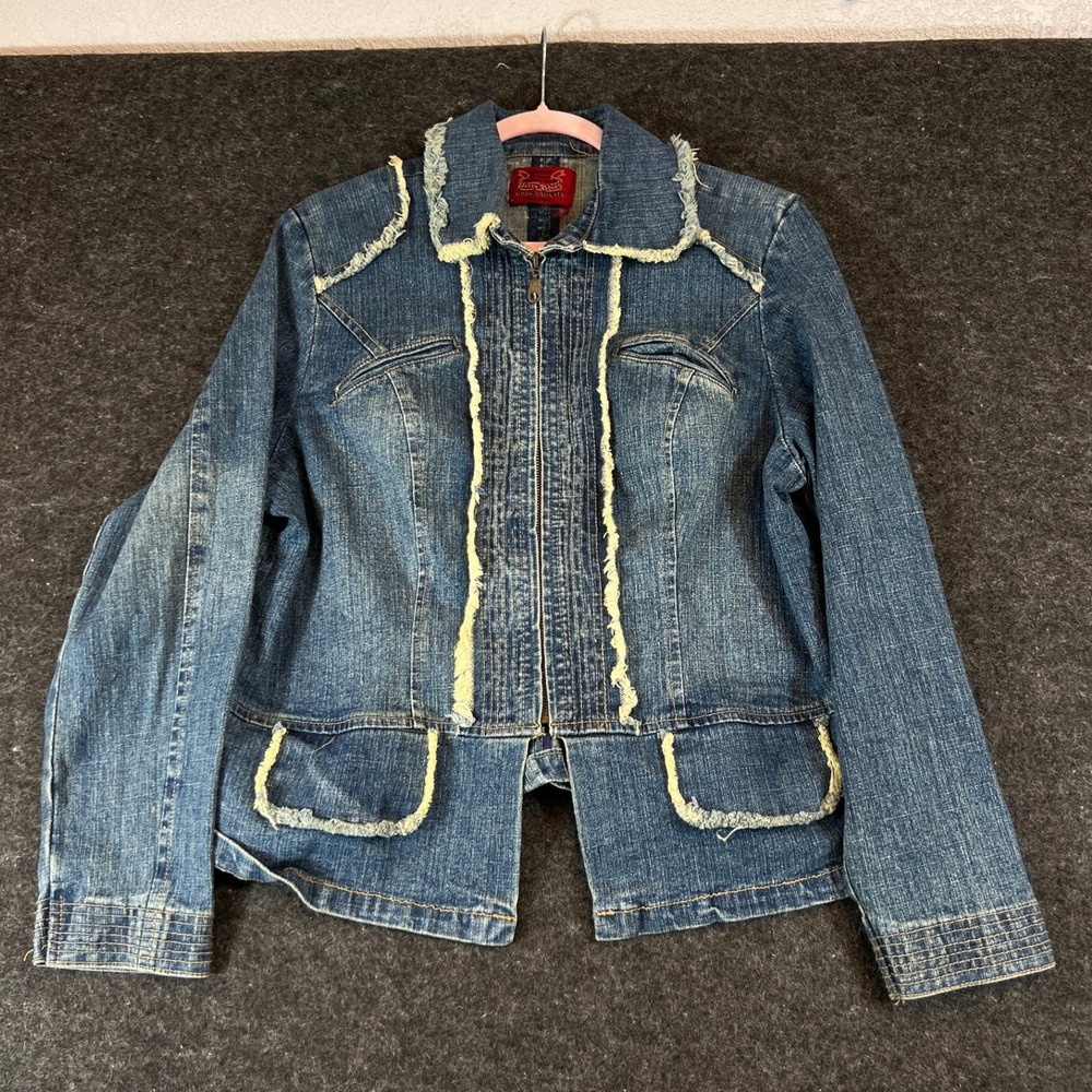 VTG Y2K Paris Blues Denim Jacket Women Small Frayed Trim Zip Up Medium Wash Boho